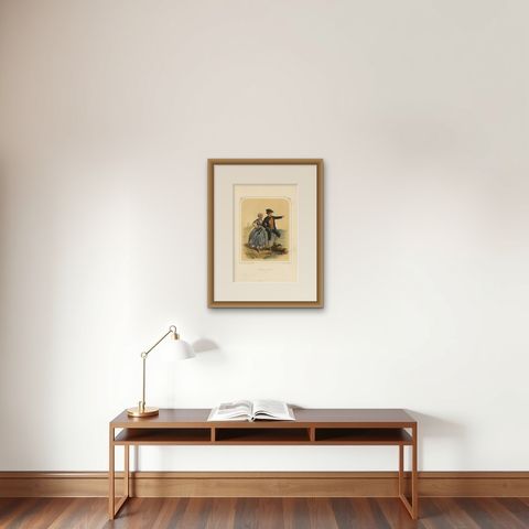 Antique Costume Print of Zealand 'The Netherlands' by A. Lacouchie, circa 1850, shown framed on a wall