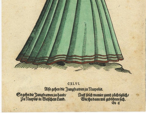 Virgin Woman from Naples, Antique Hand-Colored Woodcut by Jost Amman, 1577, close-up 4