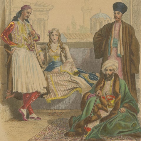 Antique Hand-Colored Costume Print of Greece, Turkey and Armenia c1860, close-up 2
