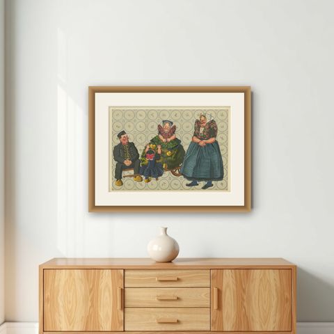 Axel Family in Traditional Costume, Zeeland-Flanders, 1930s Lithograph, shown framed on a wall