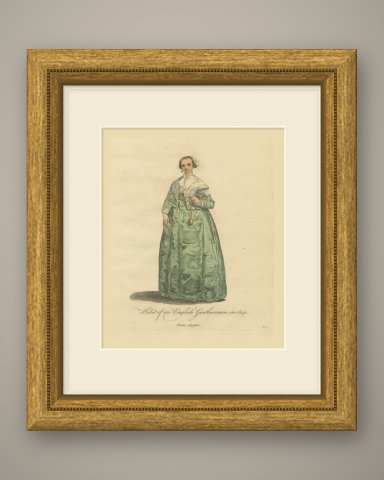 English Gentlewoman in 1640, Green Gown and Lace Kerchief, Jefferys Print, 1757, shown framed