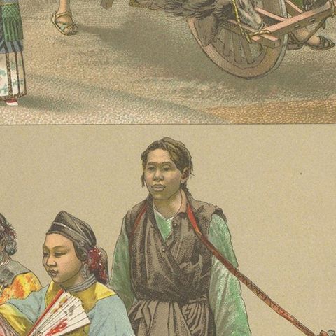Pl. 56 Antique Print of Asian Costumes by Racinet, 'circa 1880', close-up 2