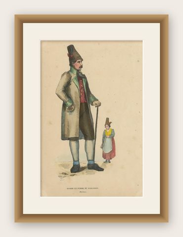 Antique Costume Print of Figures from Schliersee by Wahlen, 1843, shown framed