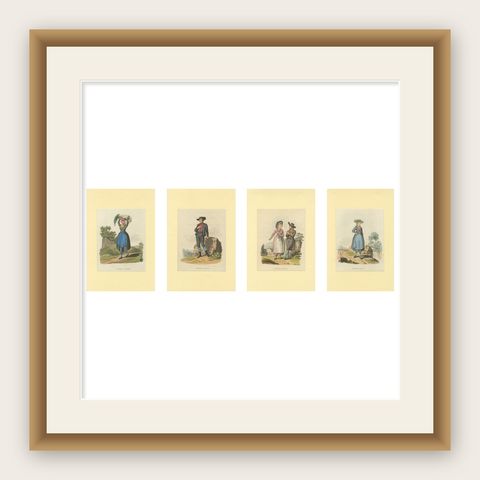 Austrian Folk Costume Prints, Elegant 4-Plate Set of Rural Figures, c. 1820, shown framed