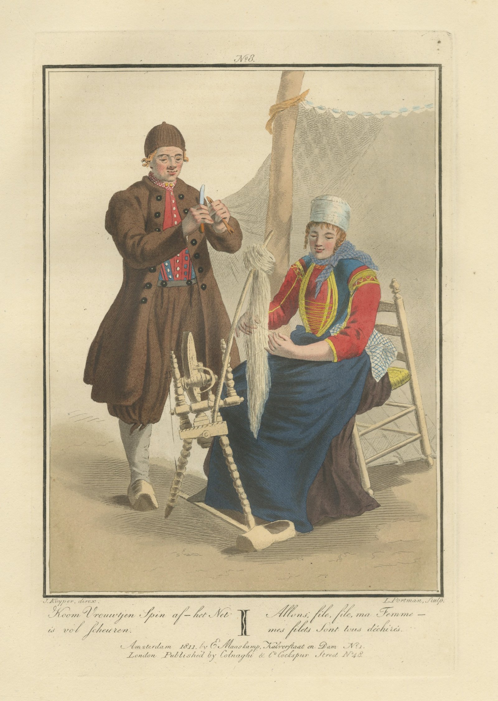 Fisherman and Wife mending the Net, Dutch Costume Print, 1811