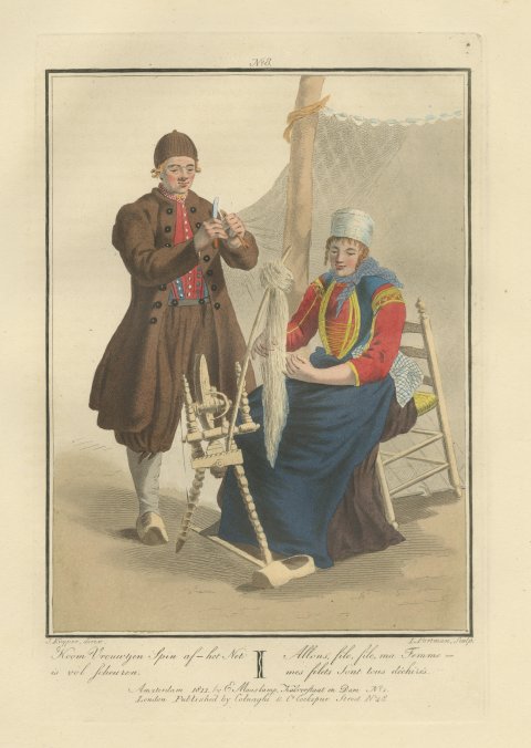 Fisherman and Wife mending the Net, Dutch Costume Print, 1811