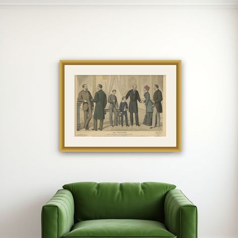 Original Antique Fashion Print, Published in March, 1882, shown framed on a wall
