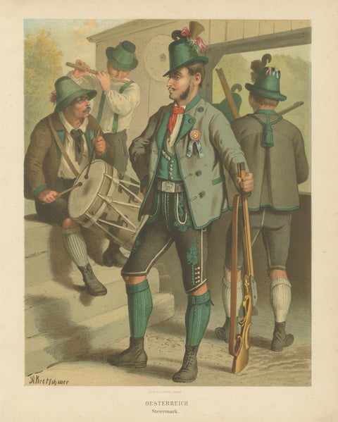 Austrian Folk Costume Prints, Styria, Elegant 19th-Century Pair, Austria, close-up 1