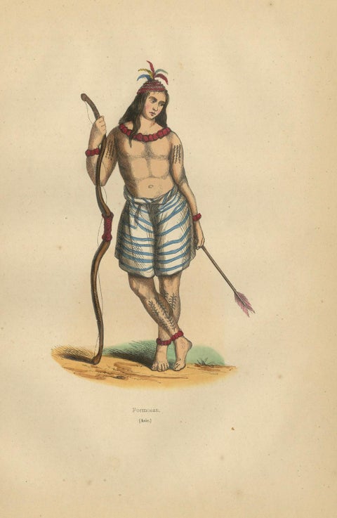 Striking 1844 Lithograph of a Formosan (Taiwanese) Warrior in Traditional Attire, close-up 3