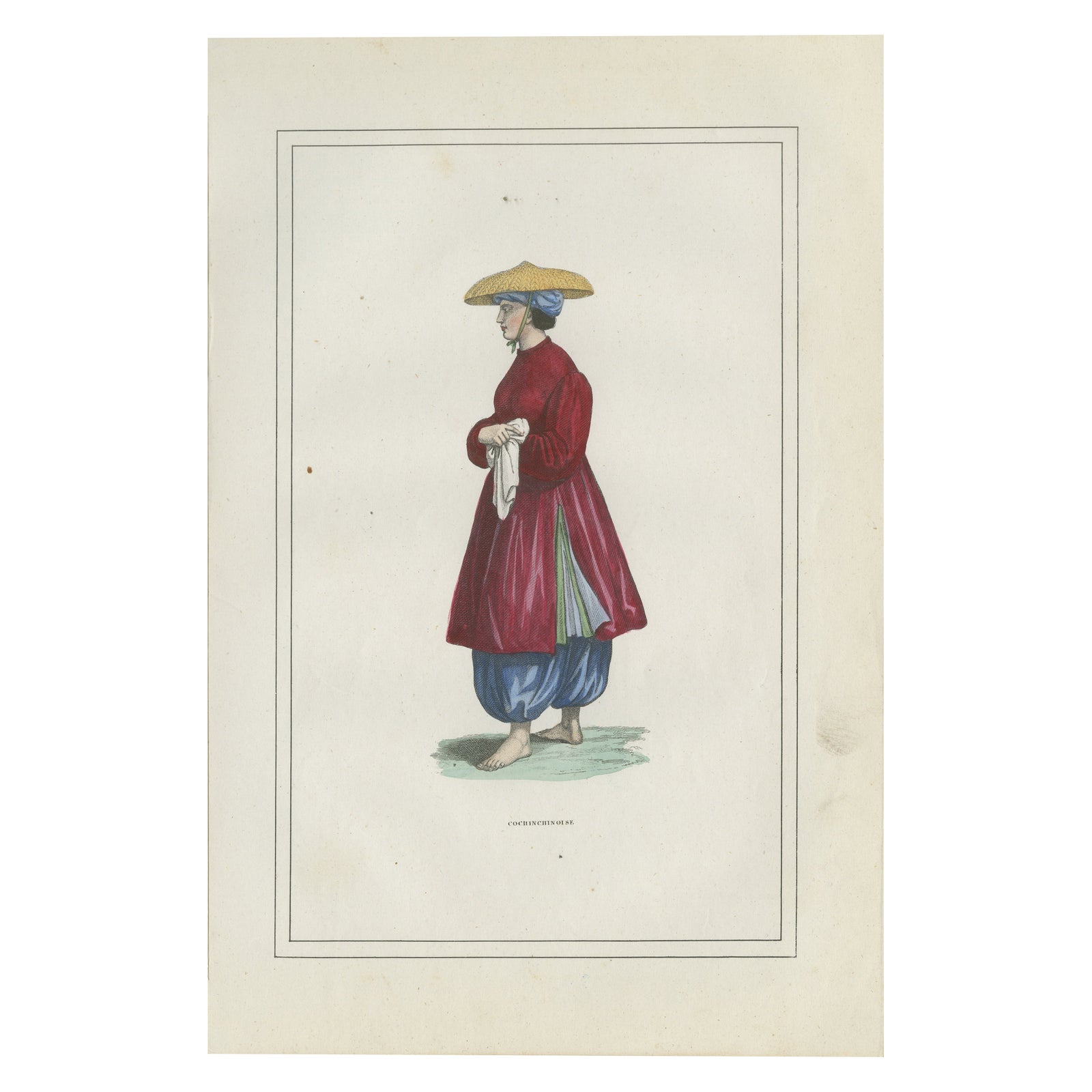 Cochinchina Woman Costume Print, Antique Hand-Colored Lithograph, 1854