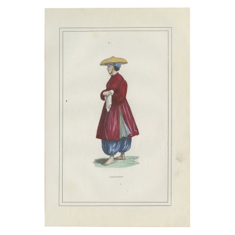 Cochinchina Woman Costume Print, Antique Hand-Colored Lithograph, 1854