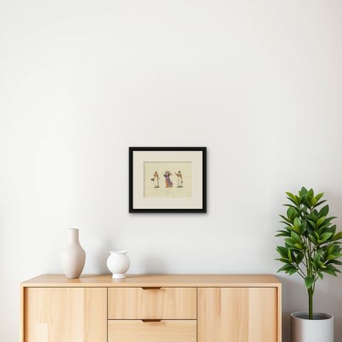 Italian Costume Print: Expressive Gestures of Women, Hand-Colored, 1820s, shown framed on a wall