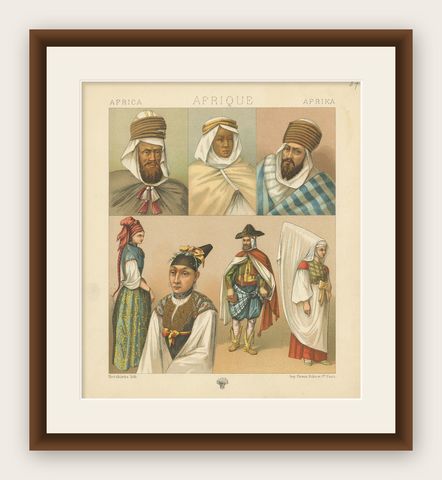 Antique Print of African Costumes Racinet, 'circa 1880', shown framed