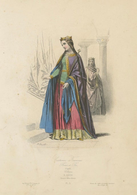 Regal Antique French Costume Print of a Queen, Hand-Coloured in the 19th Century, close-up 6