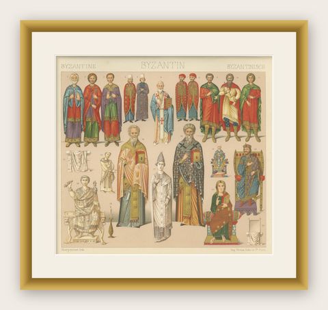 Byzantine Costume Study by Racinet, Imperial & Clerical Dress, 1888, shown framed