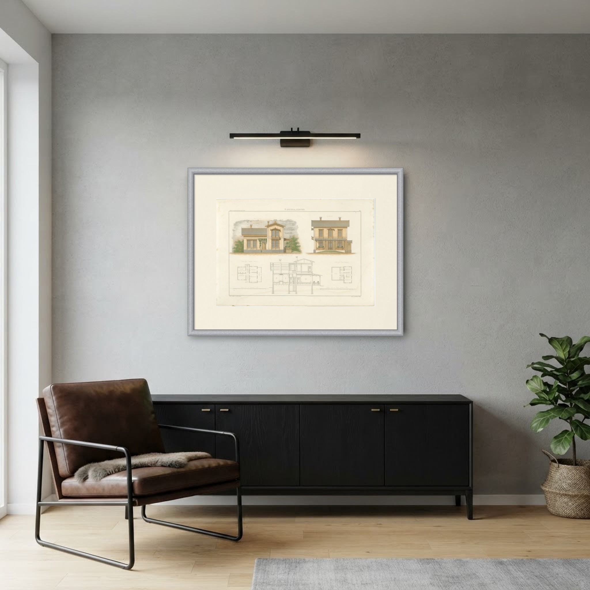 Swiss Chalet Villa by Springer, Dutch Architecture Print, Leliman, 1865-1866, shown framed in a room