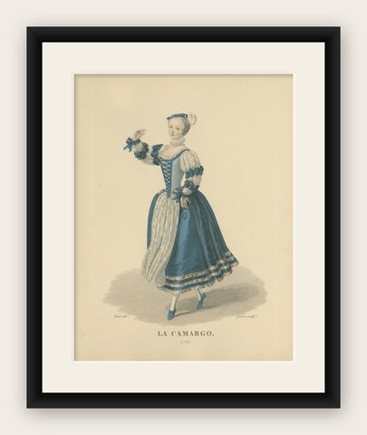 La Camargo, Hand-Colored Engraving of Famous Parisian Dancer, c.1900, shown framed