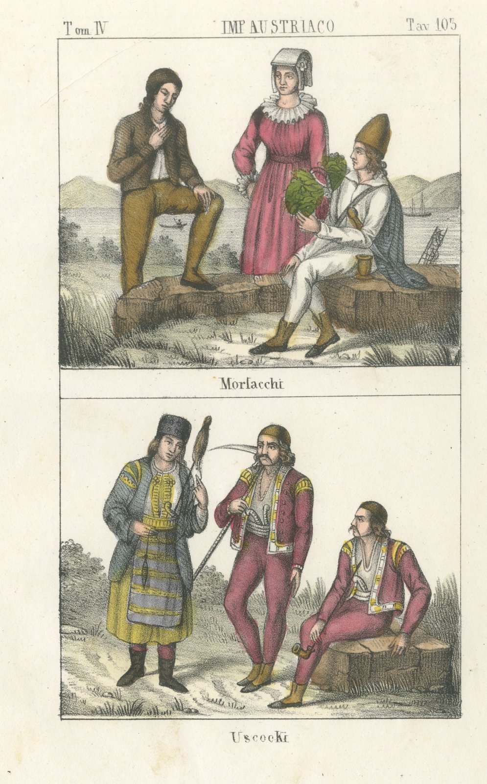 Morlachs by the Sea and Uskoks, Hand Colored Costume Lithograph, 1842