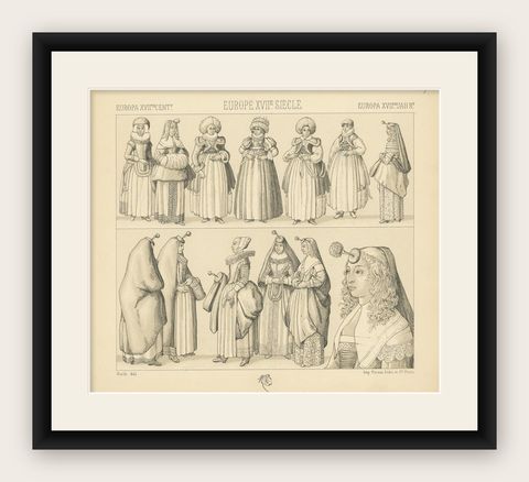 Pl. 95 Antique Print of European XVIIth Century Costumes by Racinet, circa 1880, shown framed
