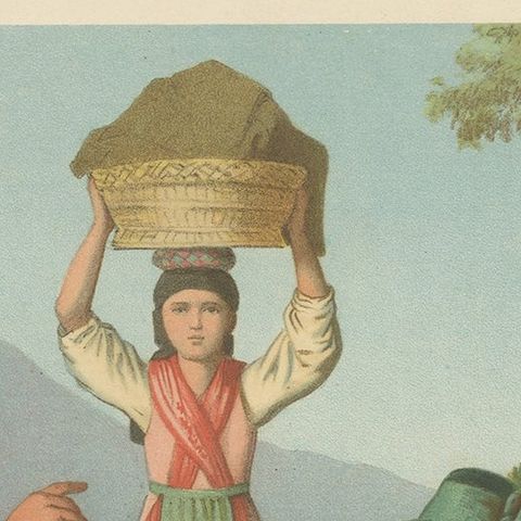 Old Print Showing the Costumes of Austria, Region Salzkammergut, 1870, close-up 1