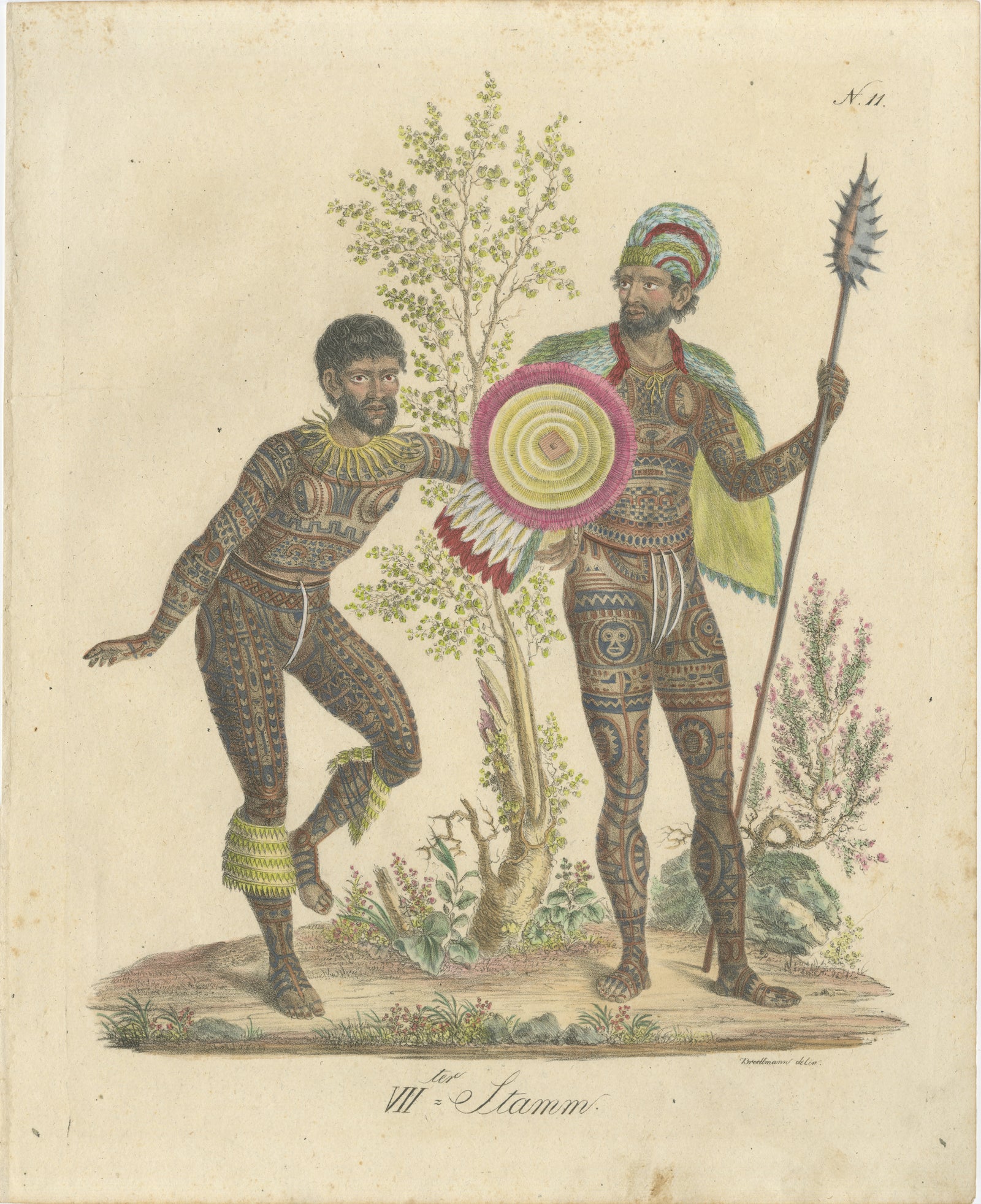 Tribal Tattoos & Warrior Costume, Brodtmann Hand-Colored Lithograph, 1816