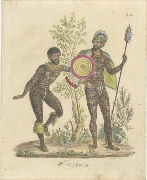 Tribal Tattoos & Warrior Costume, Brodtmann Hand-Colored Lithograph, 1816