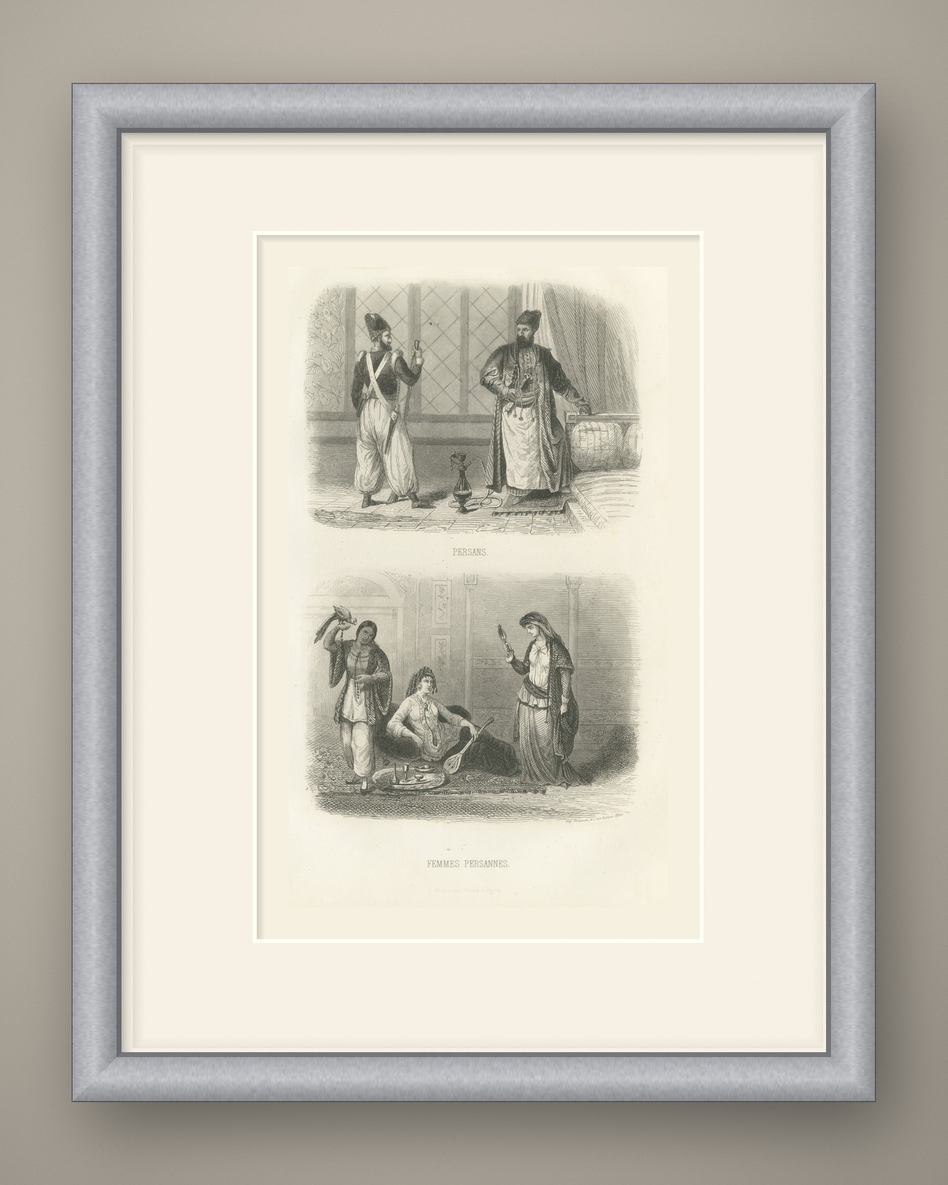 Persian Men and Women in Traditional Dress, Antique Steel Engraving, 1859, shown framed