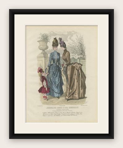 Antique French Fashion Plate, Ladies and Child in Park Scene, c.1880, shown framed
