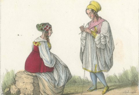 Women of Chios and Mykonos and a Man of Mani, Hand Colored Lithograph, 1842, close-up 1