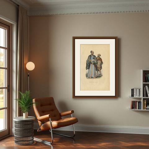 Antique Print of a Japanese Nobleman and his Servant, 1843, shown framed in a room
