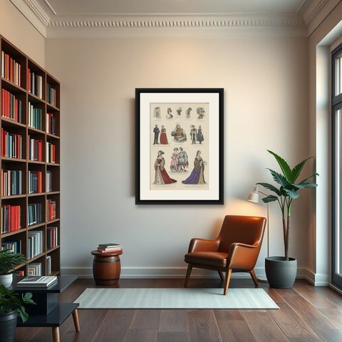 Decorative Print of Costumes of Hungary, England, Germany Holland Etc., C.1875, shown framed in a room