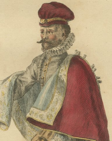 Gentleman of Spain with Crimson Cape and Sword, Jefferys Costume Plate, 1757, close-up 1