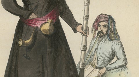 Antique Kurdish Warrior Print, Hand-Colored Ottoman Costume Lithograph, 1852, close-up 2