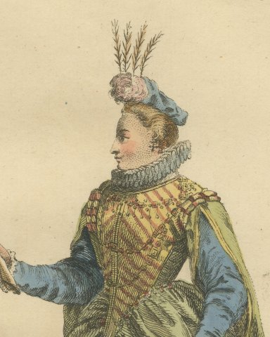 Another Lady of Quality in France in 1581, Hand Colored Costume Plate, 1757, close-up 1