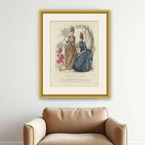 French Fashion Print, Ladies with Parasol & Child Scene, Hand-Colored, c.1887, shown framed on a wall