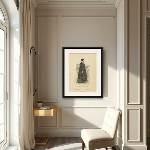 Antique Costume Print of a Girl from Brotterode 'Thuringia' by Lipperheide, 1880, shown framed in a room