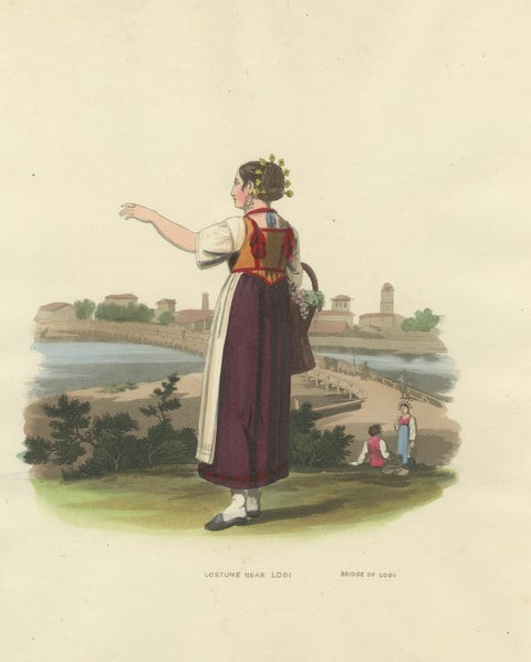Costume Print: Woman near the Bridge of Lodi, Lombardy, Italy - 1820s Engraving, close-up 5