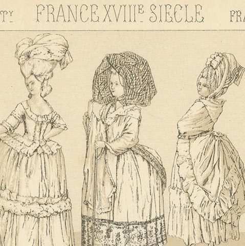 Pl. 121 Antique Print of French 18th Century Dresses by Racinet, 'circa 1880', close-up 1