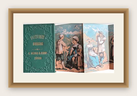 Costumes Suisses panorama, 16 tinted lithographs of Swiss regional dress, c.1860, shown framed