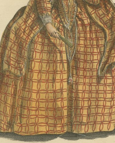 Habit of Queen Elizabeth in 1559, Hand Colored Jefferys Costume Plate, 1757, close-up 2
