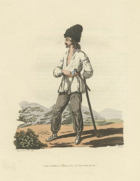 Old Original Hand-Colored Print of a Peasant of Little Russia, 1804, close-up 1