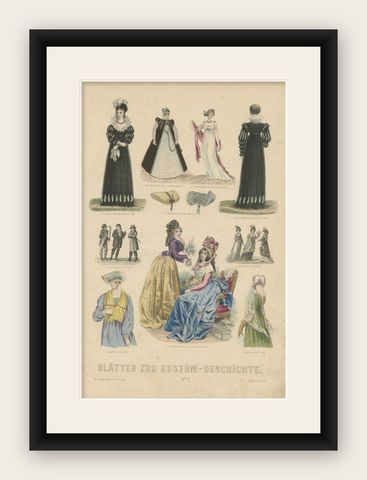 Antique Costume Print of Paris / France, Leipzig / Germany and Others, shown framed