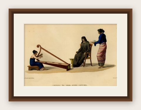 Print of Timorese Ladies Playing Harp & Drinking Tea in Kupang, Indonesia, 1825, shown framed