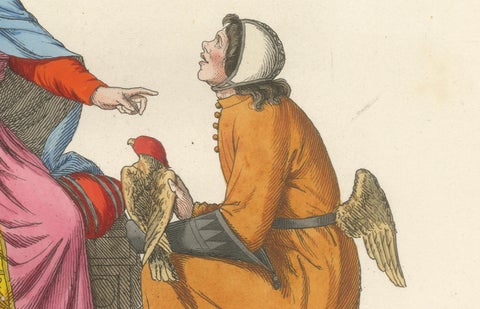 Antique 1845 Print, King and Angel in 15th Century Courtly Costume, close-up 2