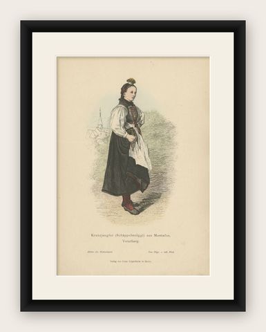 Old Costume Print of a Woman in Winter Costume from Montafon in Austria, Ca.1880, shown framed