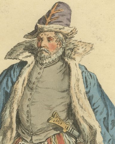 Merchant of Meissen in Fur-Lined Blue Cloak, Costume of 1577, Jefferys 1757, close-up 1