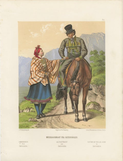 Setesdal Traditional Dress, Daily Wear from Norway, Antique Lithograph, c.1860, close-up 6