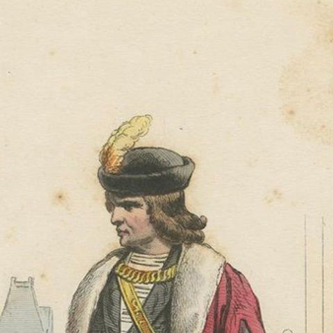 Antique French Costume Print of a Baron and Baroness in Medieval Attire, ca.1860, close-up 5