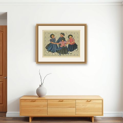 Joyful Children's Round Dance in Spakenburg Costume, Dutch Folk Art Print, 1932, shown framed on a wall