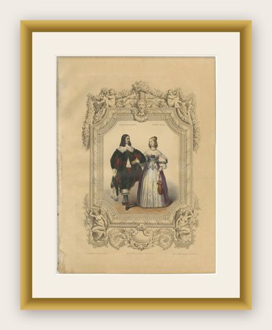 Louis XIII & Anne of Austria French Court Costume Lithograph, 1847, shown framed